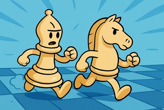 A cartoon bishop and knight running side by side, both looking purposeful.