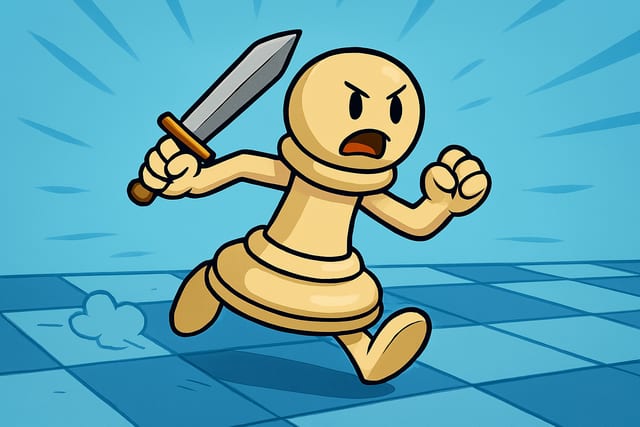 A cartoon white pawn charging forward with a sword raised and a determined scowl.