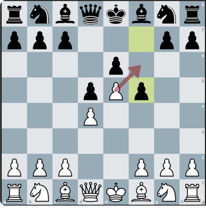 A board with an arrow drawn from a white pawn on the fifth rank diagonally onto the sixth, landing behind a black pawn that has just gone two squares.