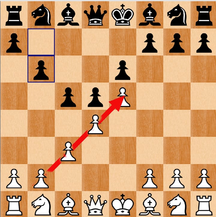 A board with a red arrow drawn along a diagonal line of black pawns, each defending the one in front, and the pawn at the bottom of the line outlined.