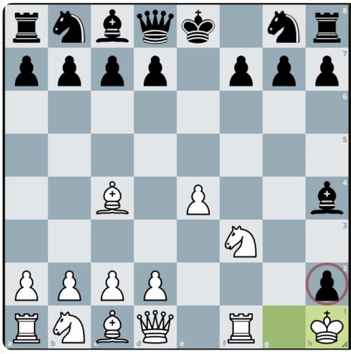 A board with a black pawn one square from promoting, circled, and the white king standing directly in front of it.