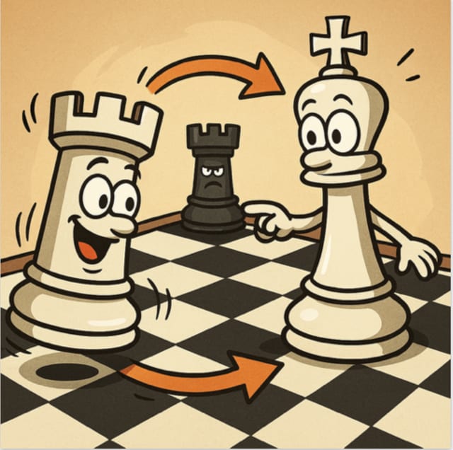 A cartoon white king and white rook swapping places, with two curved arrows showing each one crossing to the other side.