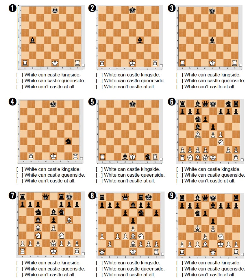 A worksheet of nine numbered chess positions. Under each one are three tick boxes reading: White can castle kingside, White can castle queenside, White can&rsquo;t castle at all.