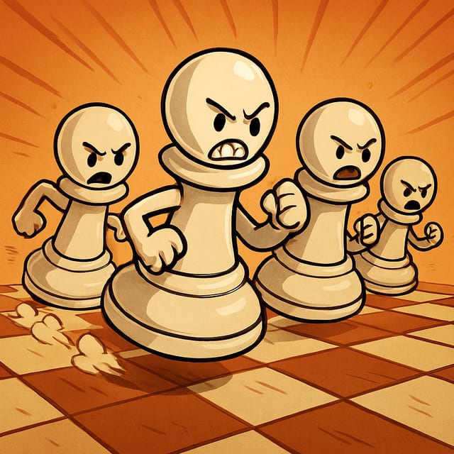 A cartoon rank of four determined pawns advancing shoulder to shoulder.