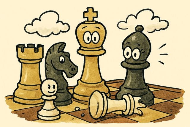 A cartoon of wide-eyed white and black chess pieces standing over a fallen queen.