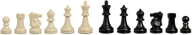 A full chess set photographed in a single row, white pieces and black pieces alternating.