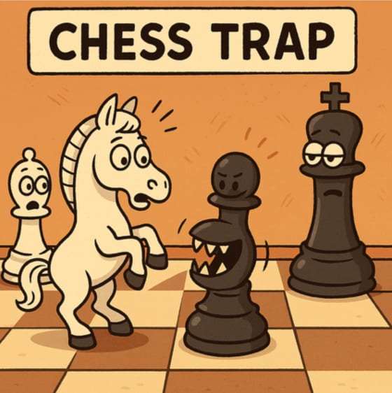 A cartoon: a startled white knight rears back from a black pawn that has opened a mouth full of teeth, under a sign reading Chess Trap.