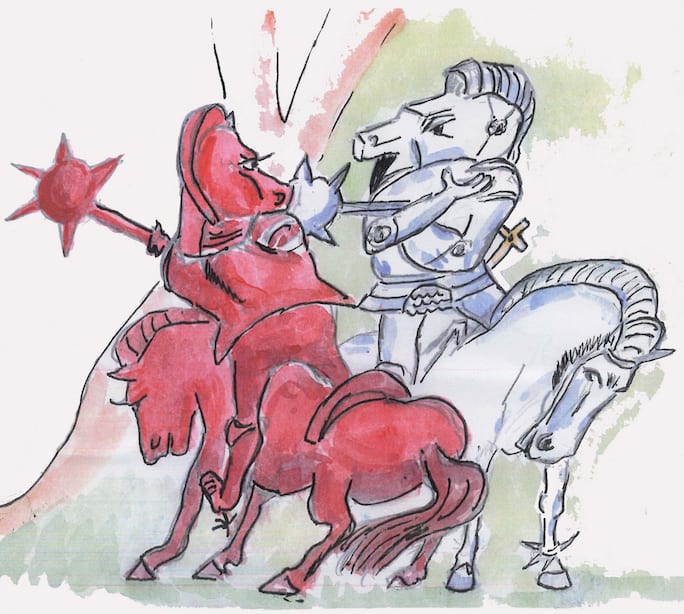 A hand-drawn cartoon of two chess knights as mounted warriors, a red one swinging a spiked mace and a white one with a lance, clashing head to head with their horses rearing.