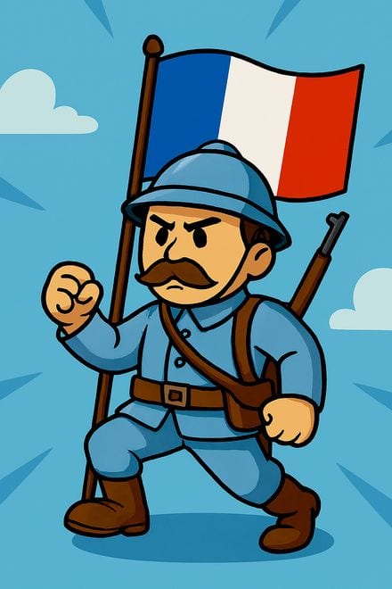 A cartoon soldier in a blue uniform and helmet, carrying the French tricolour.