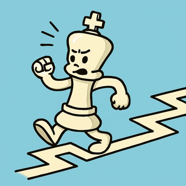 A cartoon king striding along a zigzagging path.
