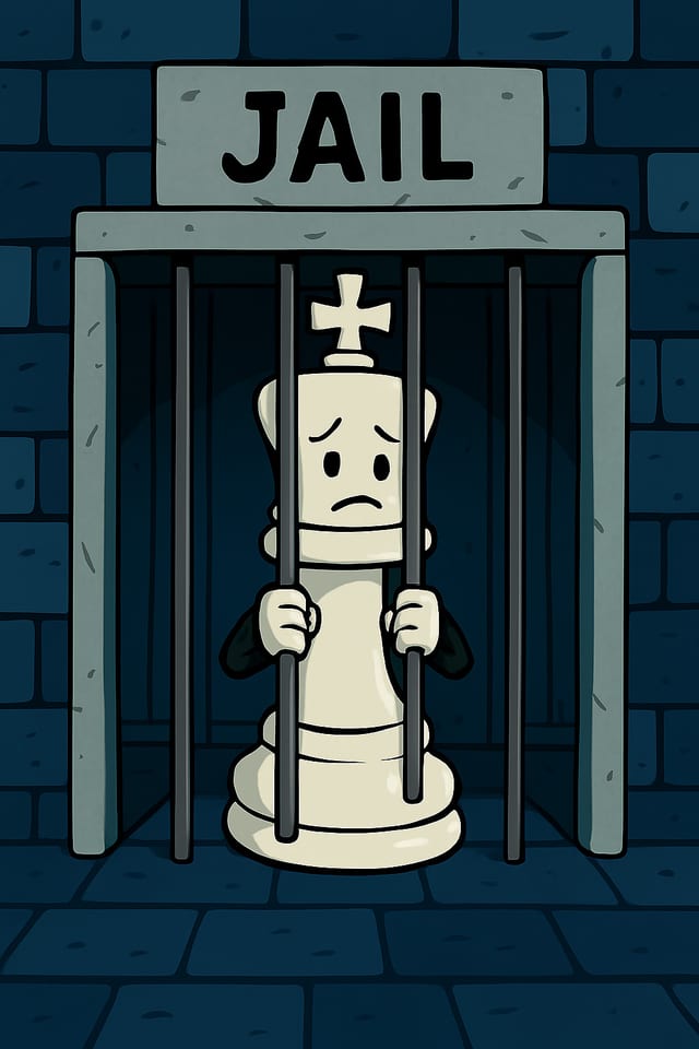 A cartoon king standing behind bars, looking out.
