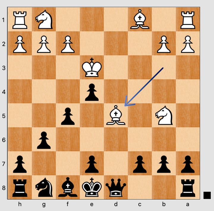 The white bishop arriving on d5, with an arrow showing the move. It attacks b7 and the black queen is the piece that must answer it.
