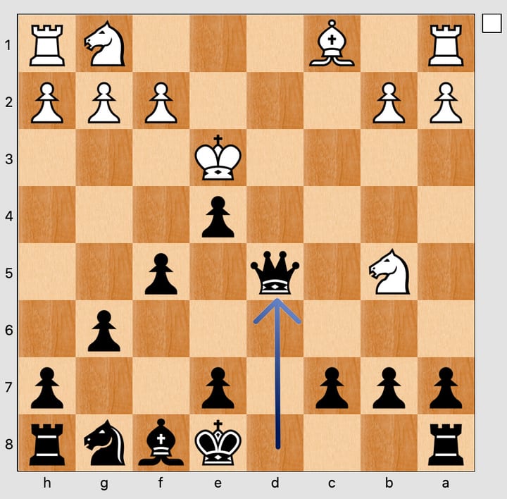 The black queen taking the bishop on d5, with an arrow showing the capture. She has left c7 undefended and now stands on the same colour square as the white knight.