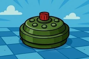 A cartoon green landmine with a red detonator, sitting on a blue and white chequered floor.