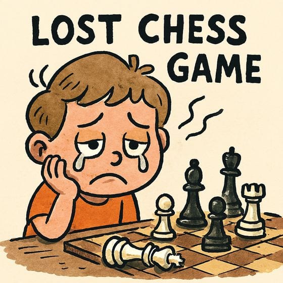 A cartoon of a glum boy resting his chin on his hand beside a chessboard where his king lies on its side, under the words Lost Chess Game.