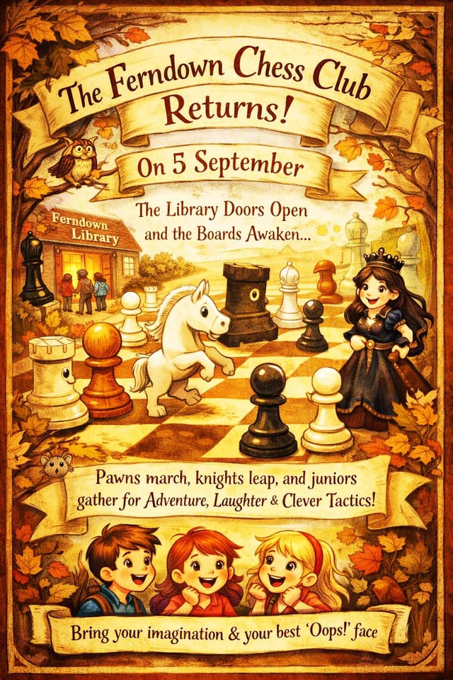 An illustrated poster: cartoon chess pieces and three smiling children around a board outside a lit-up library, framed by autumn leaves. The lettering announces that the Ferndown Chess Club returns on 5 September, that the library doors open and the boards awaken, and promises adventure, laughter and clever tactics.