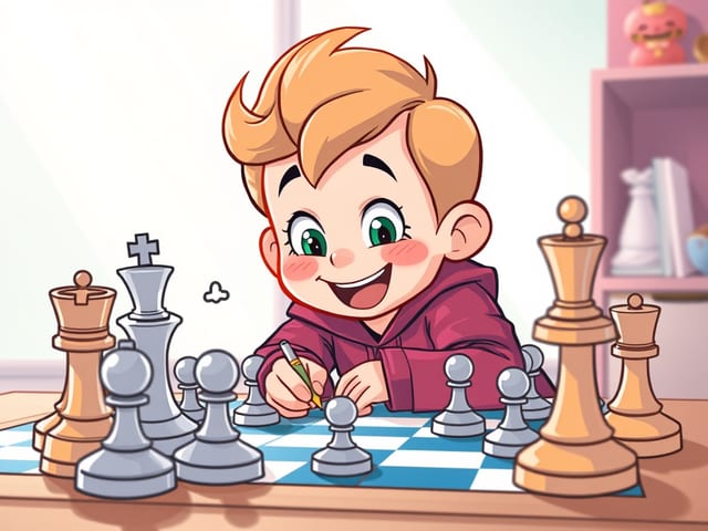 A cartoon of a young player at a chessboard, pencil in hand, writing a move down.