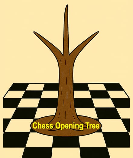 A drawing of a bare tree trunk standing on a chessboard, with just three branches at the top.