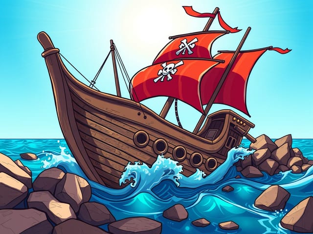 A cartoon pirate ship with red sails, run aground and breaking up on rocks in the surf.