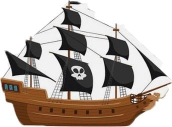 A cartoon galleon with black sails, one of them carrying a skull and crossbones.