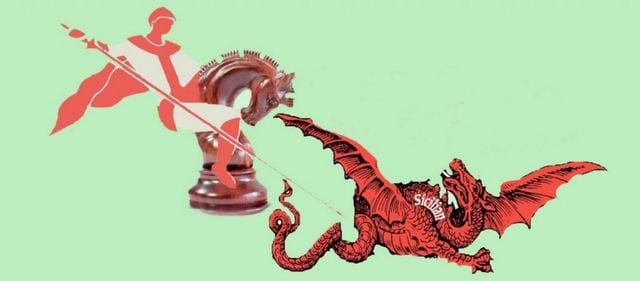 A red dragon breathing fire at a chess knight, on a green band.