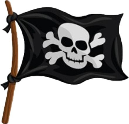 A black pirate flag with a white skull and crossbones, flying from a wooden pole.