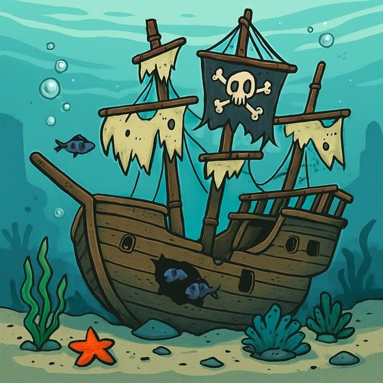 A cartoon pirate ship resting on the seabed among weed and starfish, its sails in tatters.