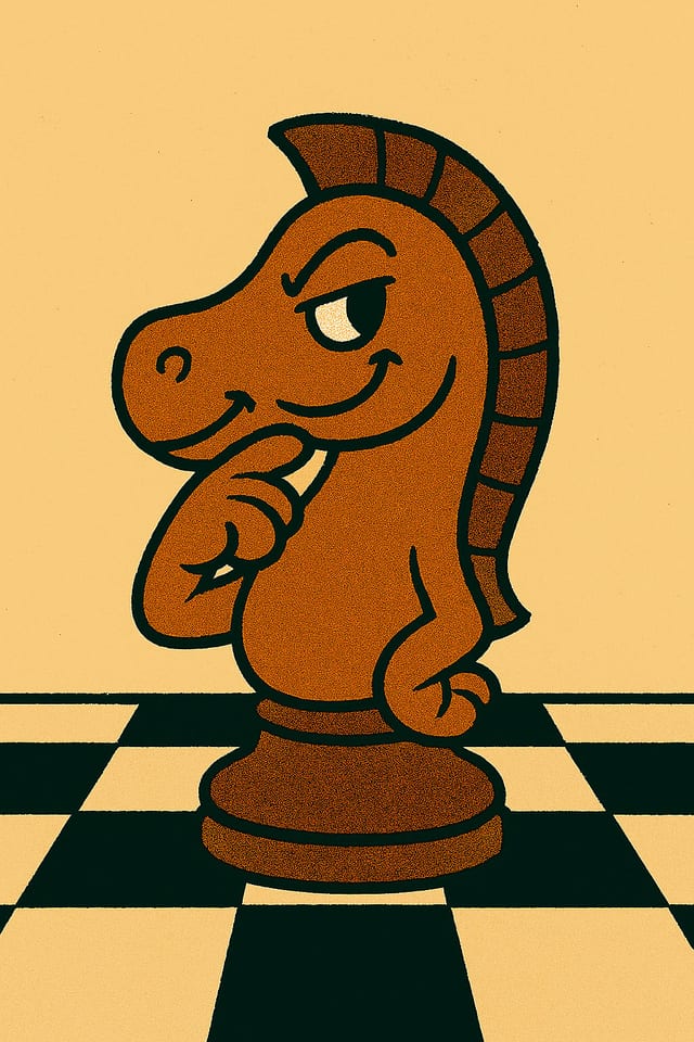 A cartoon knight with a sly sideways expression.