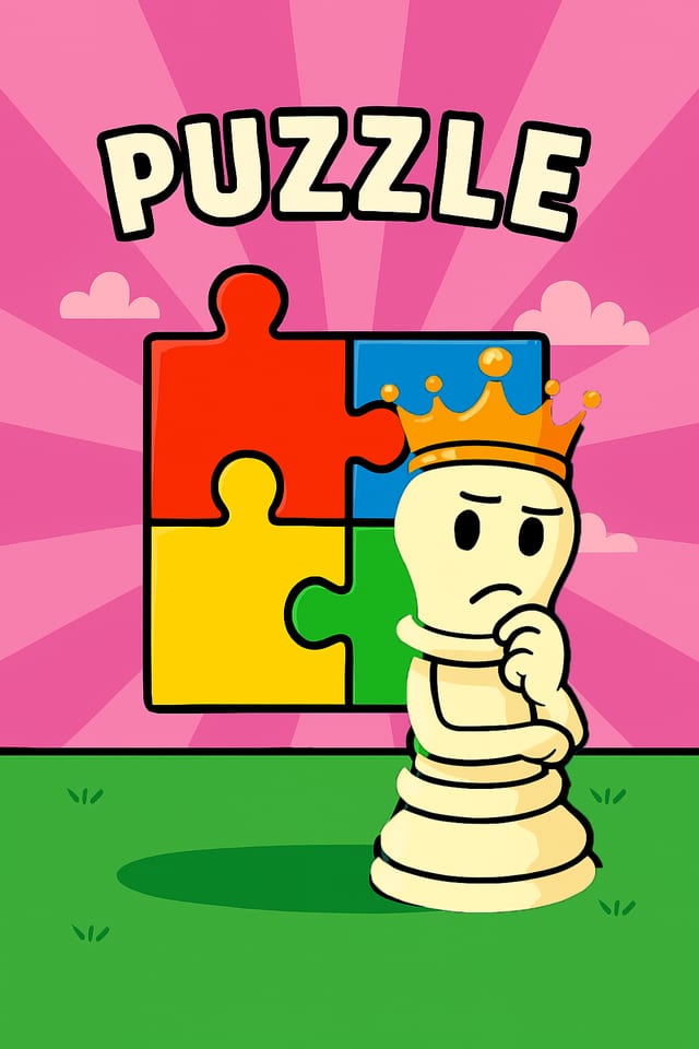 A cartoon queen resting her chin on one hand, beside four jigsaw pieces, under the word PUZZLE.