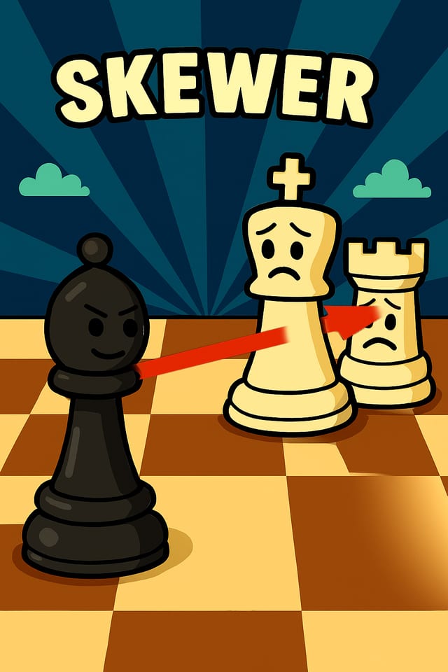 A cartoon pawn, king and rook run through by a red line on a chequered floor, under the word SKEWER.