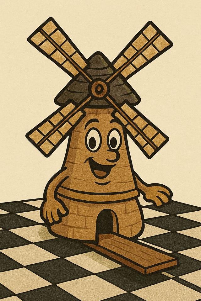 A cartoon windmill with a face, standing on a chequered floor.