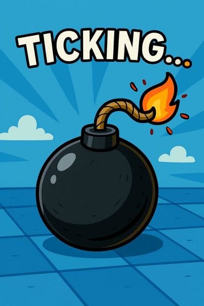 A cartoon black bomb with a lit fuse, standing on a blue chequered floor under the word Ticking.