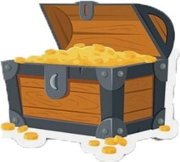 A cartoon treasure chest, lid open, filled to the brim with gold coins.
