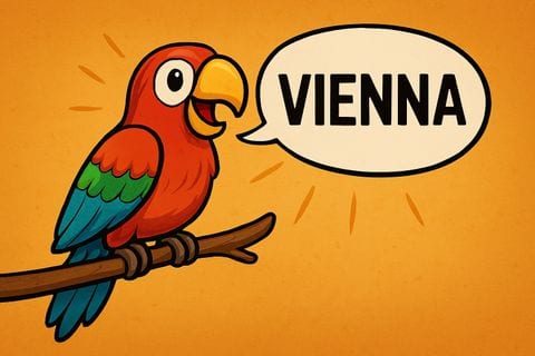 A cartoon parrot on a perch, squawking the word Vienna in a speech bubble.